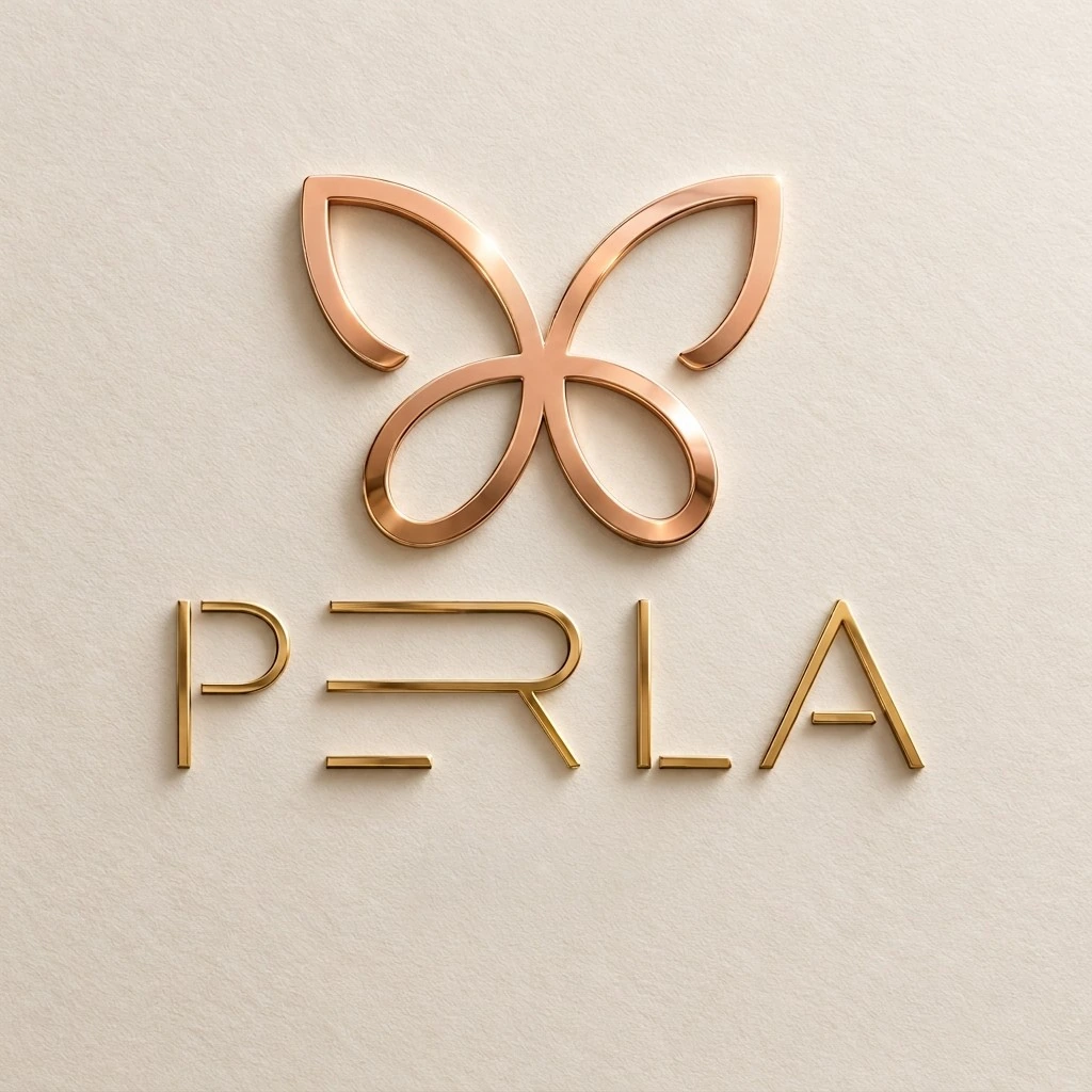 Logo Perla : un papillon en or rose et le mot PERLA en lettres dorées